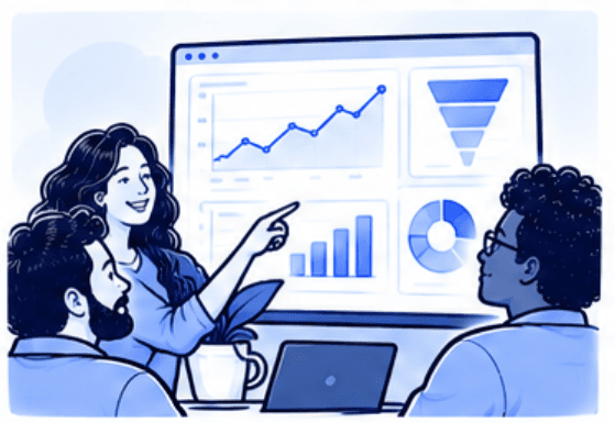 A team gathers around a large dashboard of charts while one person points out a trend.