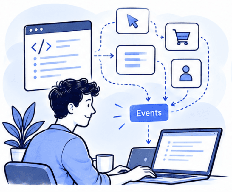 A developer at a laptop connects pages, buttons and carts to a stream of tracked events.