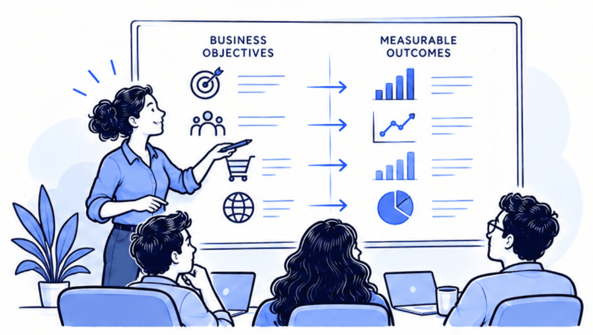 A woman presents a whiteboard that links business objectives to measurable outcomes to a small team.