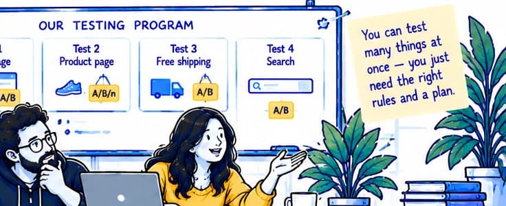 A team plans a testing program on a whiteboard: product page, free shipping and search tests.
