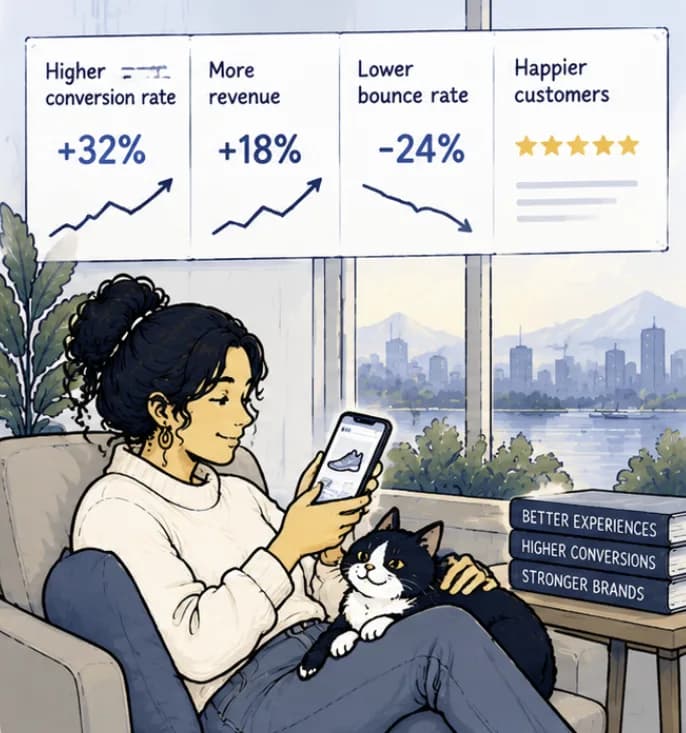 A woman relaxes in an armchair with her cat, checking her store on her phone, under a panel of rising conversion and revenue charts.