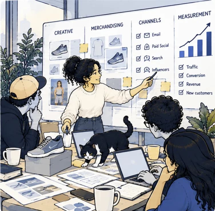 A team plans a sneaker launch at a whiteboard split into creative, merchandising, channels and measurement, while a cat walks across the table.