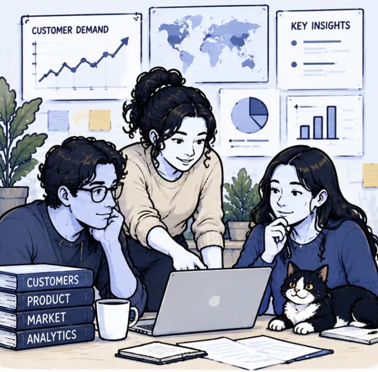 Three people and a cat gather around a laptop, with charts of customer demand, a world map and key insights on the wall behind them.