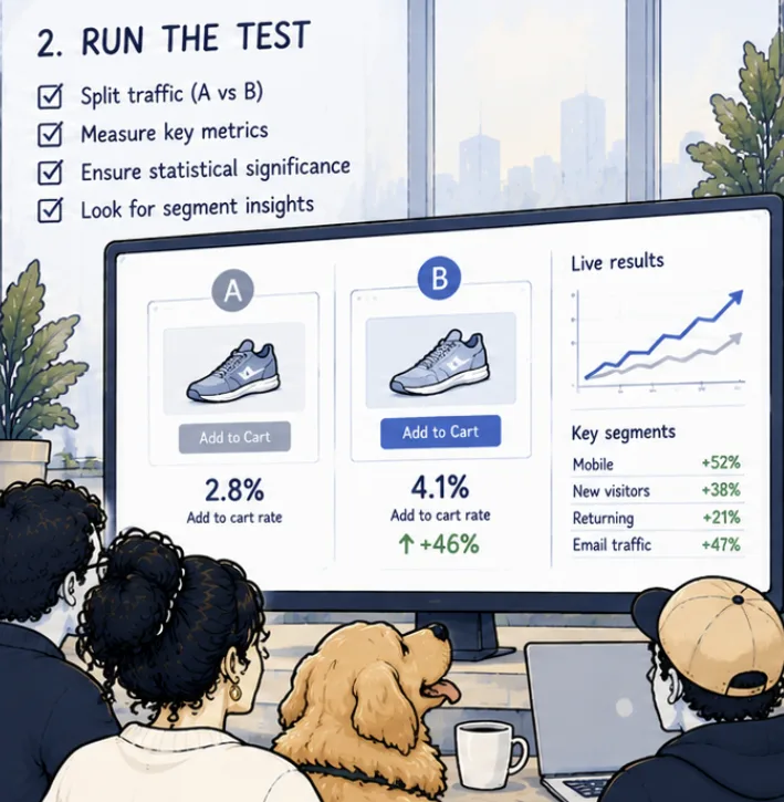 A team and their dog watch a screen comparing two versions of a product page in an A/B test, with live results and key segments.